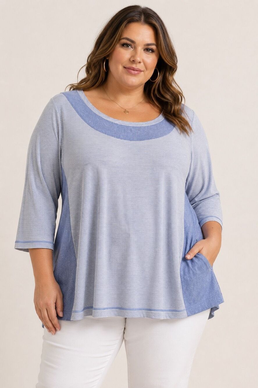 Lur Women’s XXL Blue Striped Colorblock Tunic Top 3/4 Sleeve NWT Relaxed Fit